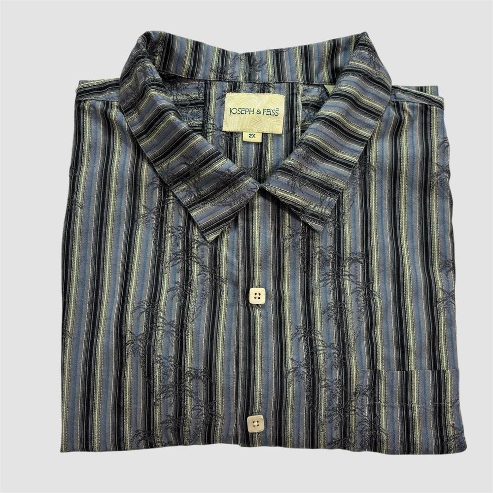 Joseph And Feiss Men's 2XL 100% Silk Hawaiian Shirt Striped Embroidered